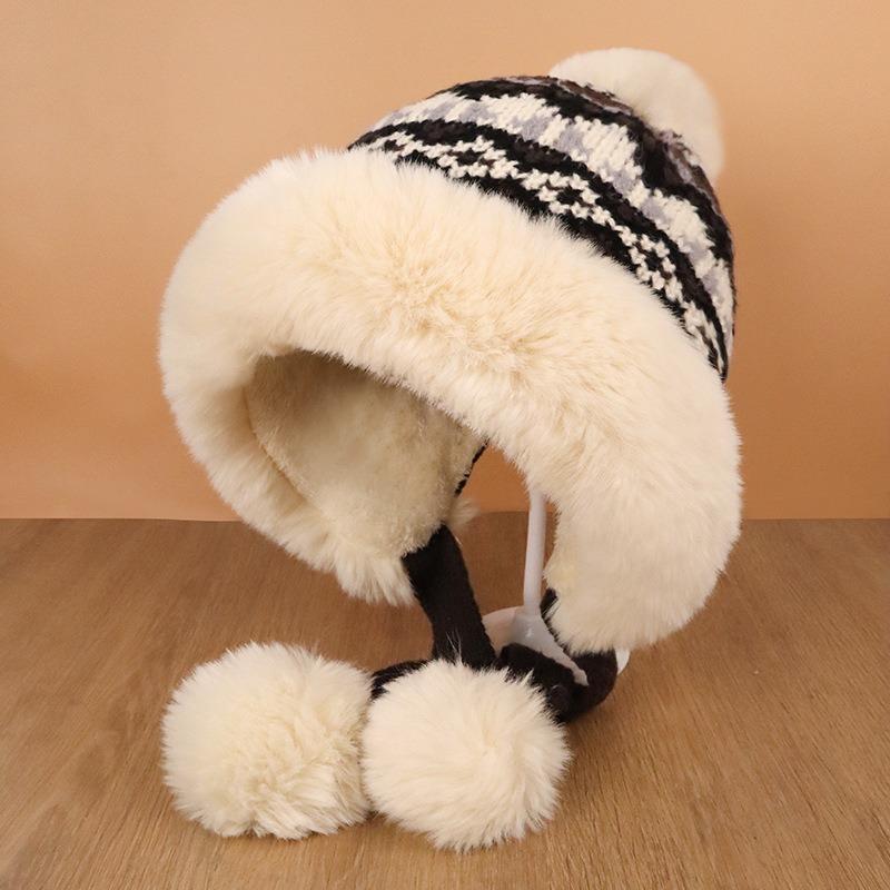 Retro Autumn and Winter Thickened for Keep Warmth Lei Feng Hat Women Fluffy Fur Ball Ear Protection Knitted Mao Line Hat
