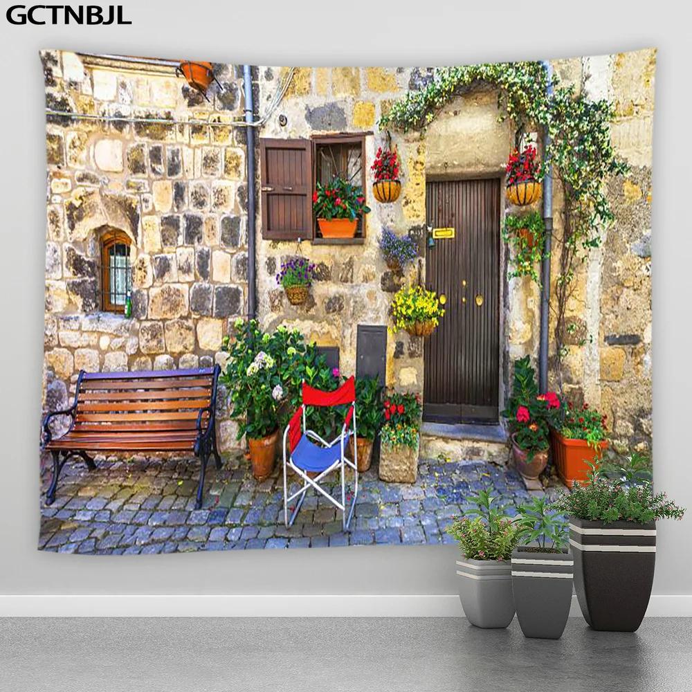 Landscape Tapestry Flowers Plant Retro Style Old Door Rural Scenery Wall Hanging Big Tapestries Bedroom Background Decor Blanket