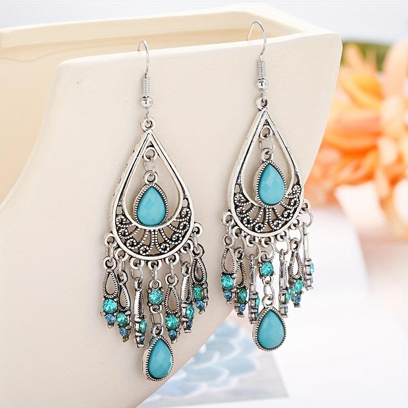Orecchini da Donna Stile Bohemien in Zircone Sintetico Cubico con Nappe Blu-verdi e Nere, Adatti per Occasioni Casual e Formali