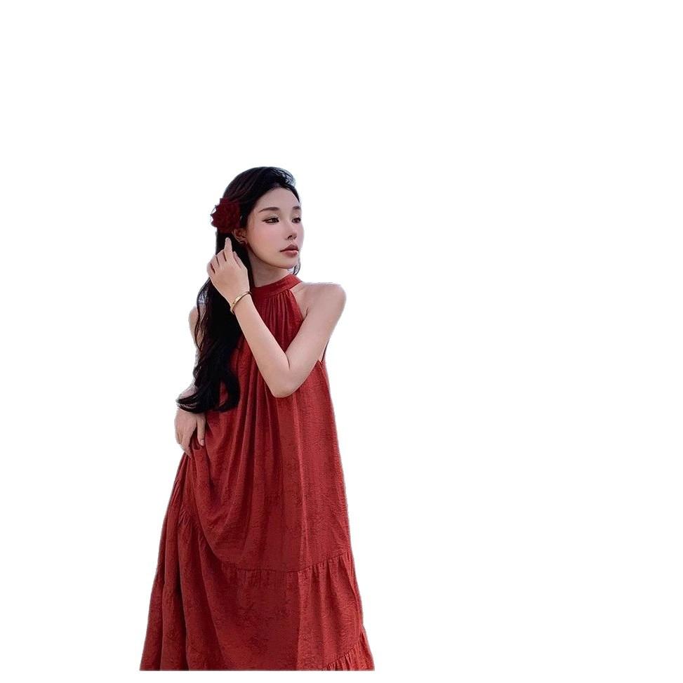 New Chinese Retro Red Neck Dress Summer Temperament Simple Long Dress Travel Photo Good-looking Skirt