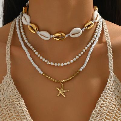 Shell Necklace Set Ocean Beach Wind Cover Chain Bohemian White Rice Bead Clavicle Chain