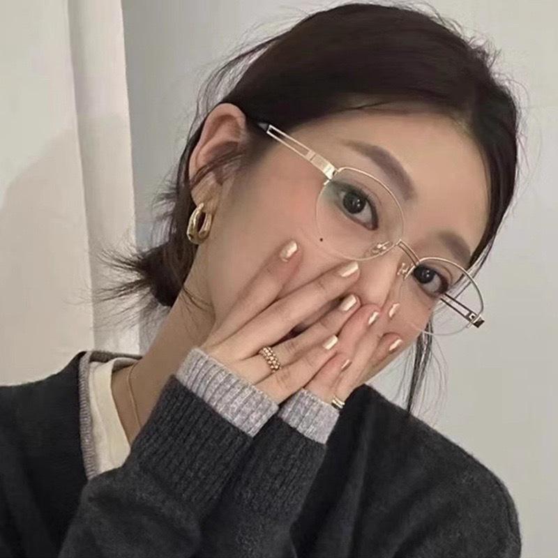 Can be paired with prescription anti-blue light glasses, pure desire style, half-frame metal flat glasses, high-end frame for round faces,