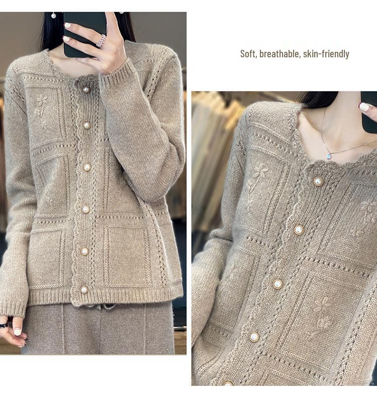 2023 Women's Pure Wool Round Neck Hollow Out Jacquard Knit Cardigan - 100% Cashmere, Loose Fit