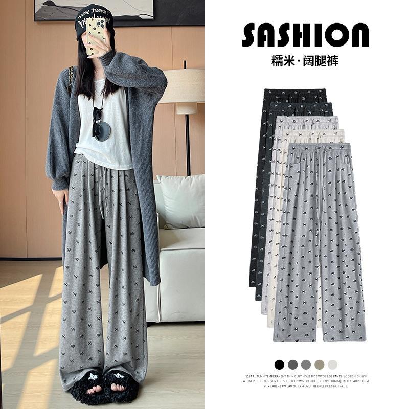 Bow Glutinous Rice Pants Women's Autumn and Winter New Drape Lazy Wind Mountain Pants Small Velvet Wide-leg Pants