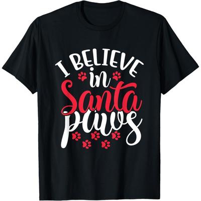 I Believe In Santa Claus Paws Cat Dog Paw Prints T-Shirt for Men Women Kids