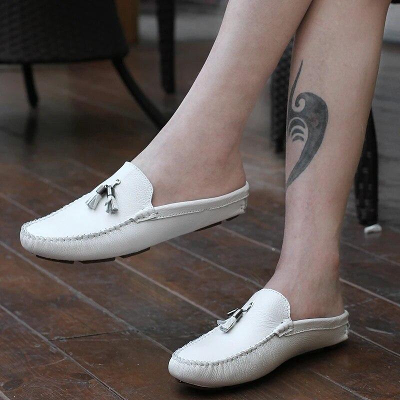 Quaste Halbe Schuhe Für Männer Sommer Echtes Leder Loafer Slip-On Hausschuhe Casual Backless Fahren Faulenzer Für Mann Mule masculino