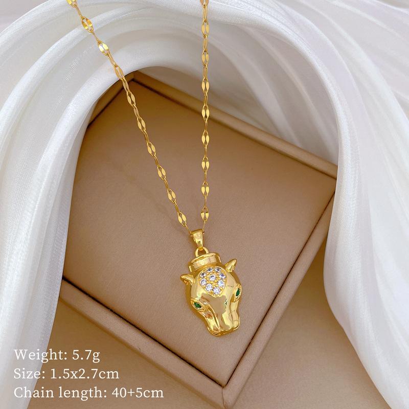 Titanium Steel Leopard Head Necklace Earrings Set Light Luxury Slightly Inlaid Personalized Temperament Banquet Earrings Necklace Combination