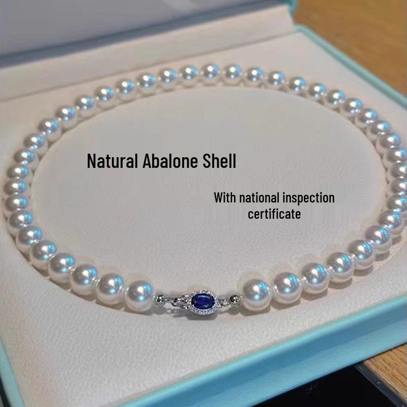 Natural Mother-of-Pearl Necklace with 925 Silver Sapphire Clasp, High Luster Shell Pearls, and Australian White Pearls.