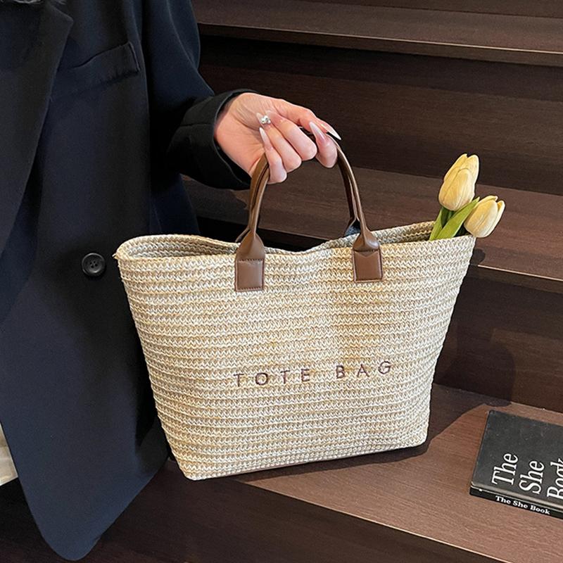 Women Straw Tote Handbag Large Capacity Crochet Beach Shoulder Bag Solid Color Weaving Travel Ladies Summer Daily Bag CLE