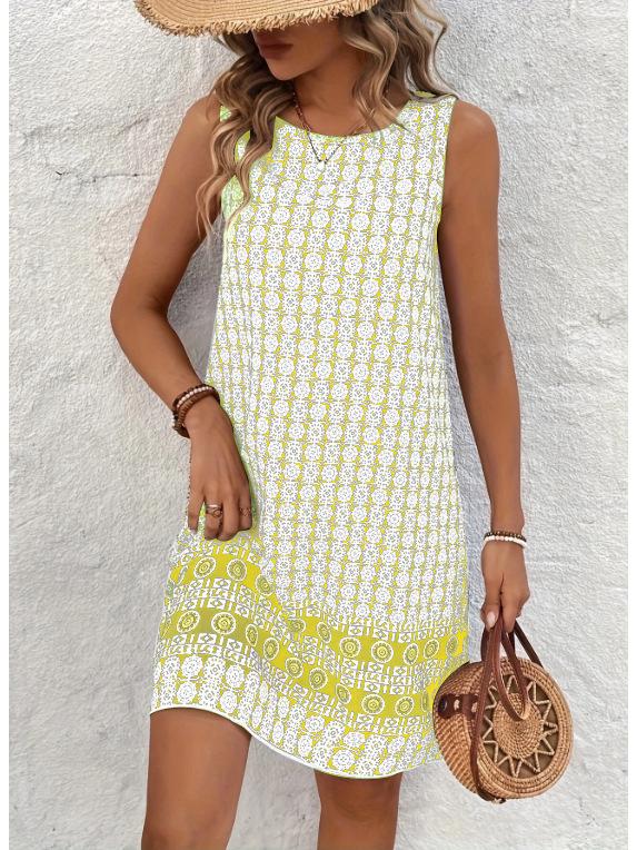 European & American Summer Plaid Print Casual Round Neck Dress for Women