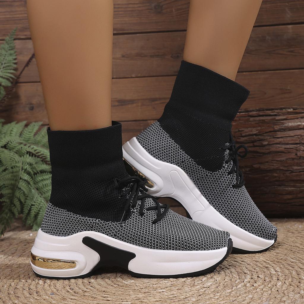 European and American Large-size New Round-head Knitted Leopard Print Medium Tube Elastic Boots Are Hot-selling Elastic Thick-heeled Martin Boots.