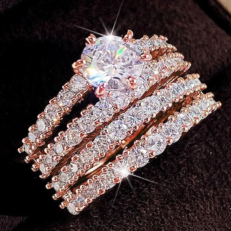 Cao Shi Double Layer Zircon Engagement & Wedding Ring Set for Women - European & American Style Diamond Bridal Jewelry