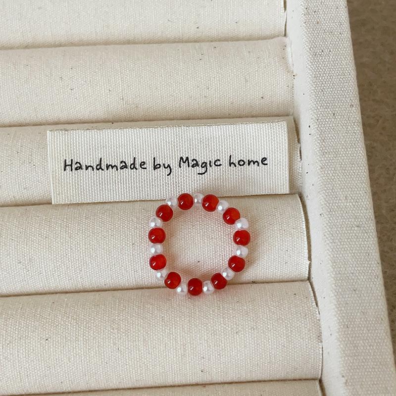 Red Dripping Oil Love Beaded Elastic Rope Ring Female Retro Personality Fashion Commuting Simple Versatile Ring Ring