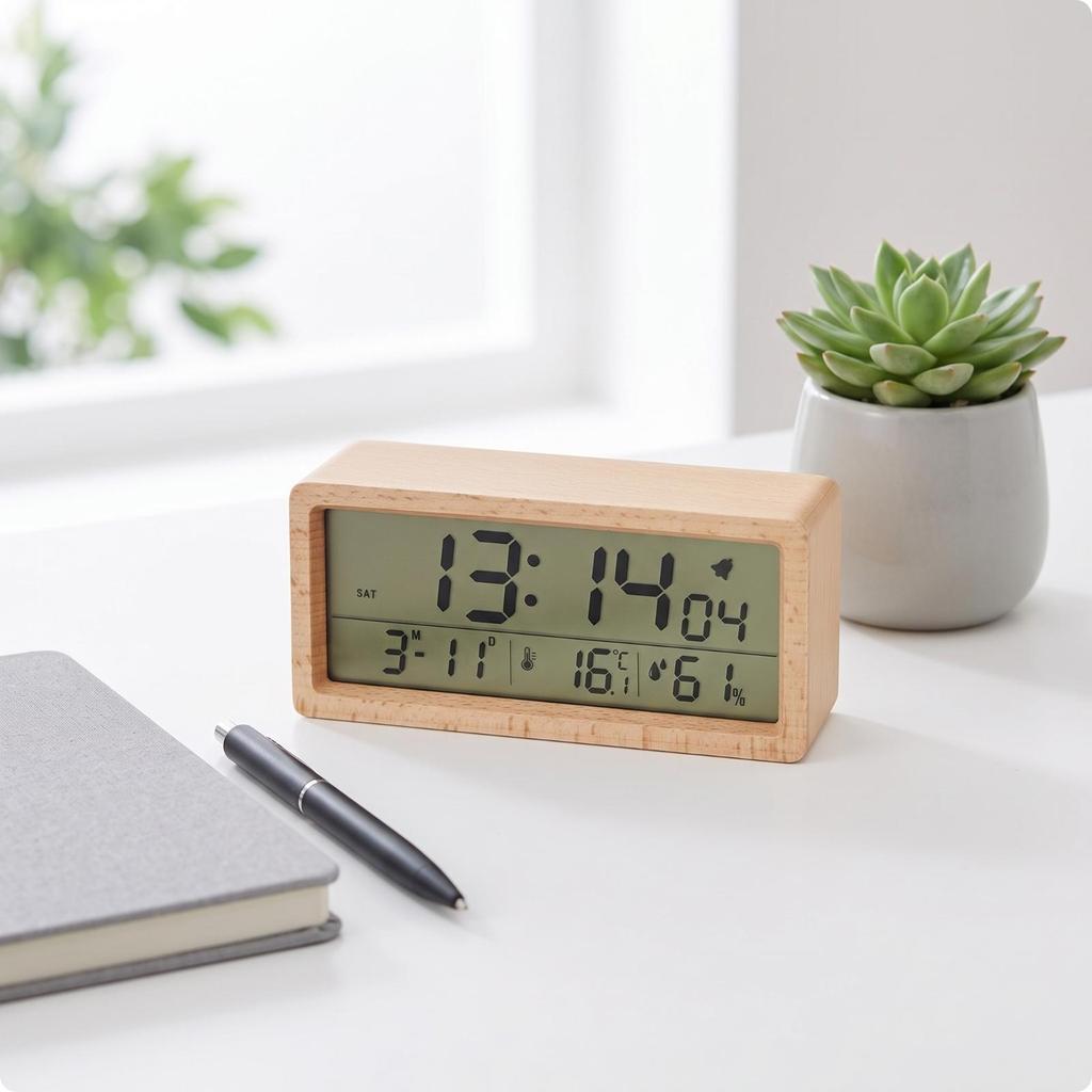Digital Alarm Clock Easy to Read Wooden Compact for Nightstand