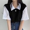 Women Spring Summer Solid Color Short Sleeved Polo Collar Fake Two T-shirt Loose Contrast Color Blouses Pullover Top S-XXL