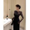 Retro Sexy Royal Sister Black Temperament Mesh Knitted Dress Women's Autumn Waist and Thin Long-sleeved Hip-wrapped Dress
