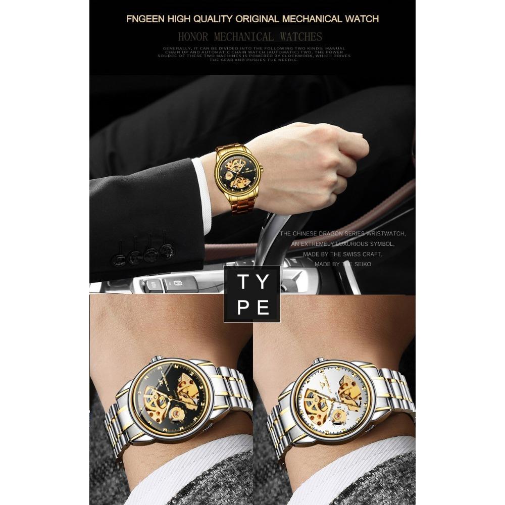 Top Luxury Golden Full Stainless Steel Men Aautomatic Mechanical Watch Business Hollow Men's Watches Waterproof Mechanical Gifts