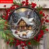 Caldo Inverno Natale Segno di Legno con Motivo Alce e Casa di Neve - Segno Rotondo Buon Natale per Porta d'Ingresso, Decorazione da Appendere alla Parete - Regalo di Natale Ideale