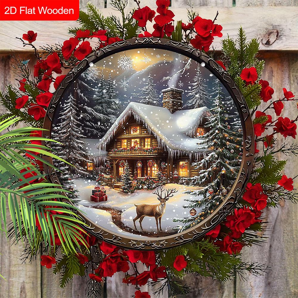 Caldo Inverno Natale Segno di Legno con Motivo Alce e Casa di Neve - Segno Rotondo Buon Natale per Porta d'Ingresso, Decorazione da Appendere alla Parete - Regalo di Natale Ideale