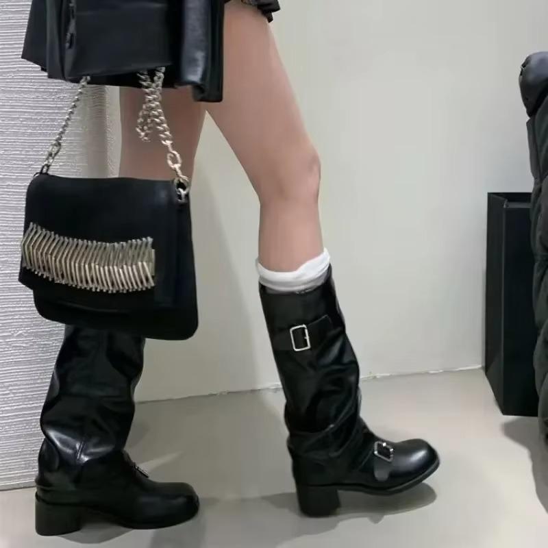 Fashion 2025 Woman Boots Knee High Platform Chunky Heels Trend Punk Gothic New Rock Leather Fashion Women's Shoes Motorcycle Footwear