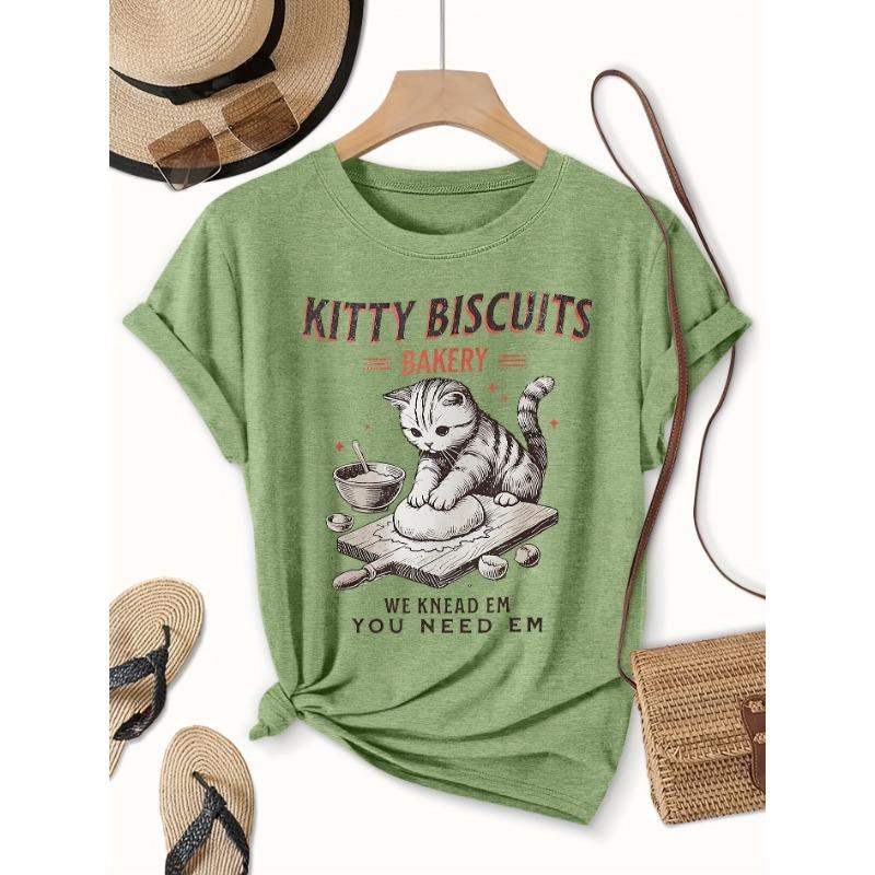 Women's Elegant Short Sleeve Cat Baking Theme Printed Round Neck Women's T-Shirt