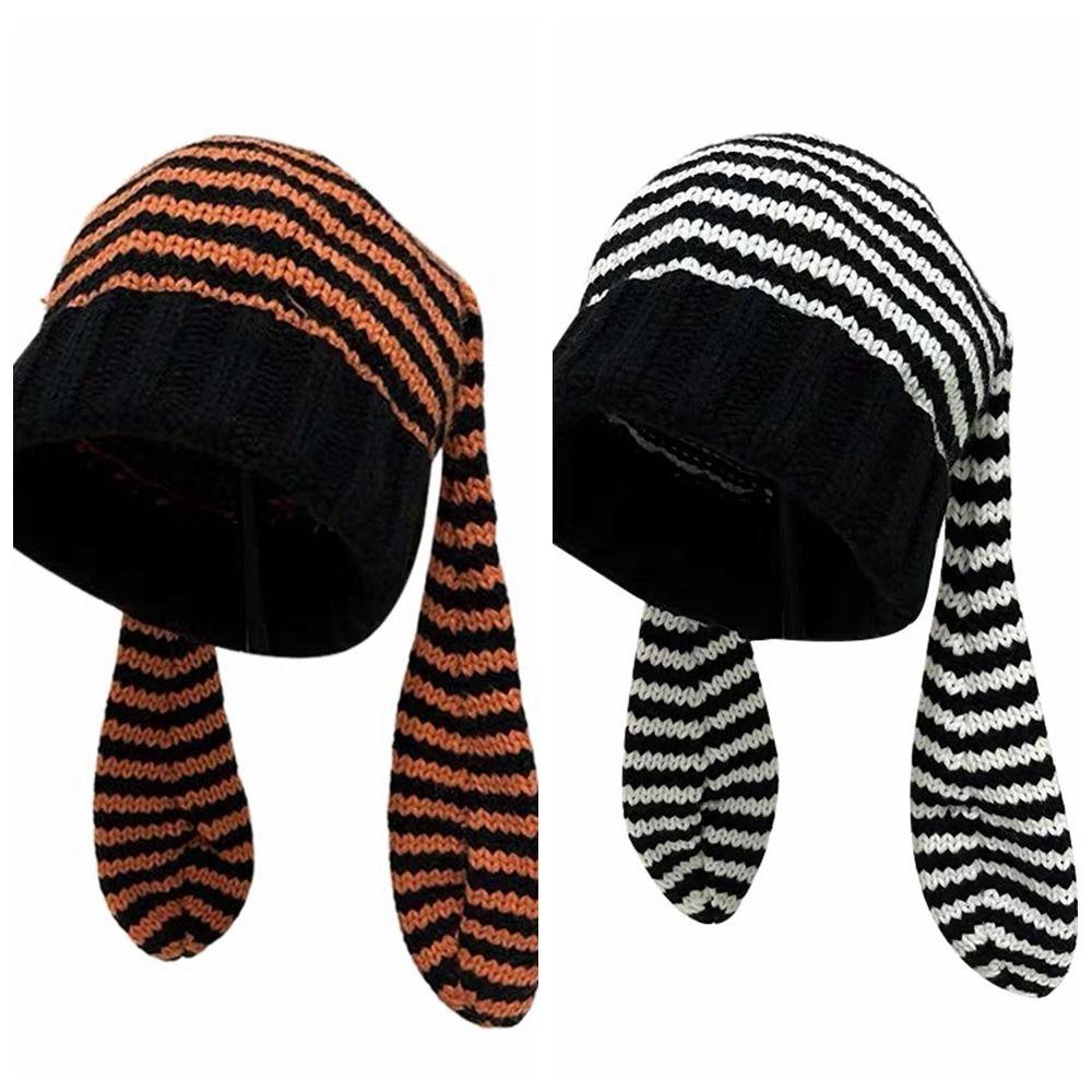 Y2K Rabbit Ears Hat Knitted Stripe Skull Cap Cute Women Beanie Hat  Outdoor