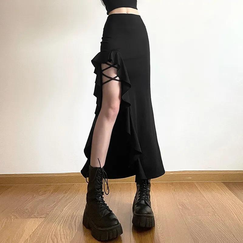 

Women Black High Waist Midi Skirt Ruffle Detail Mermaid Hem Casual Pencil Skirt S чорний
