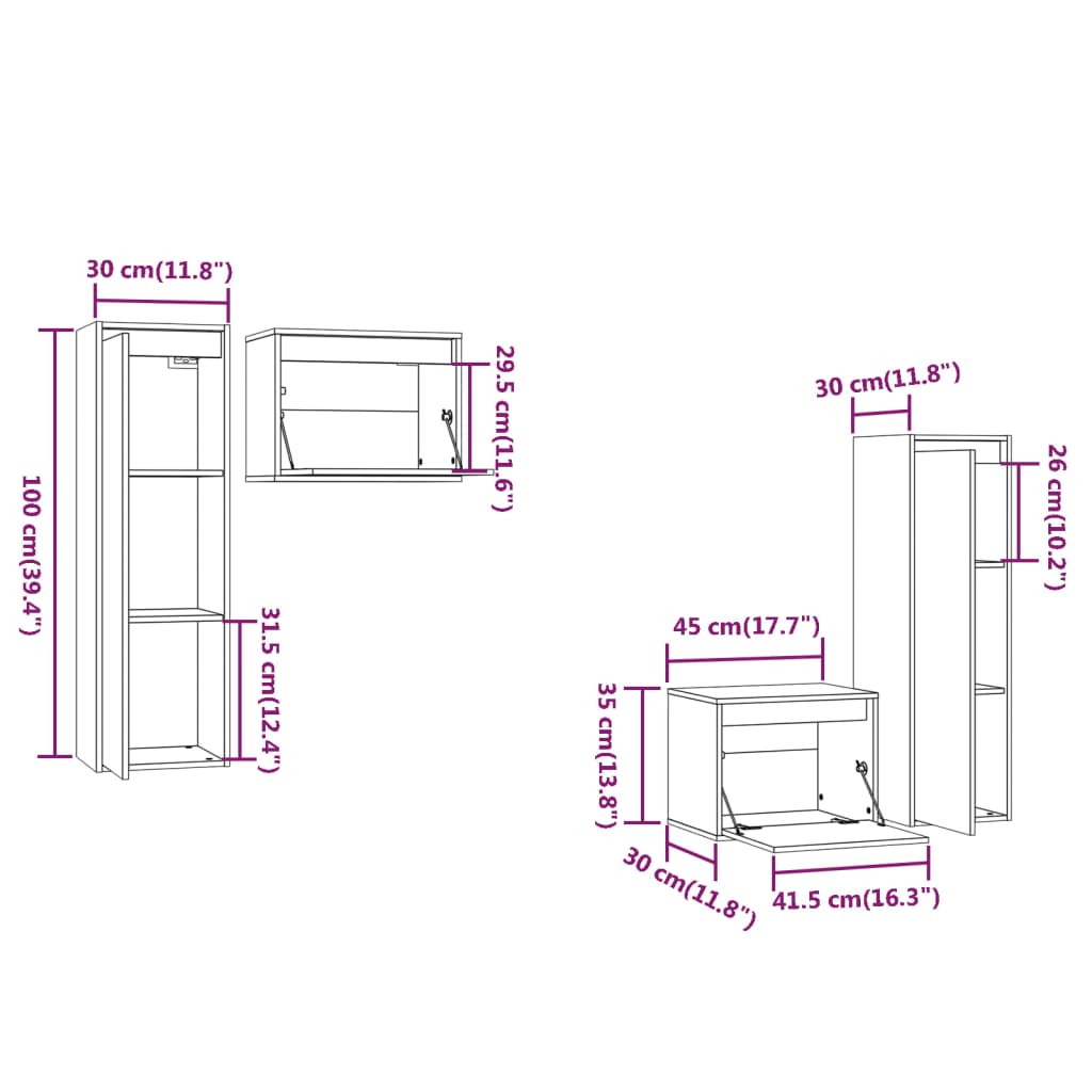 TV Cabinets Set of 4 Gray Solid Pine Wood