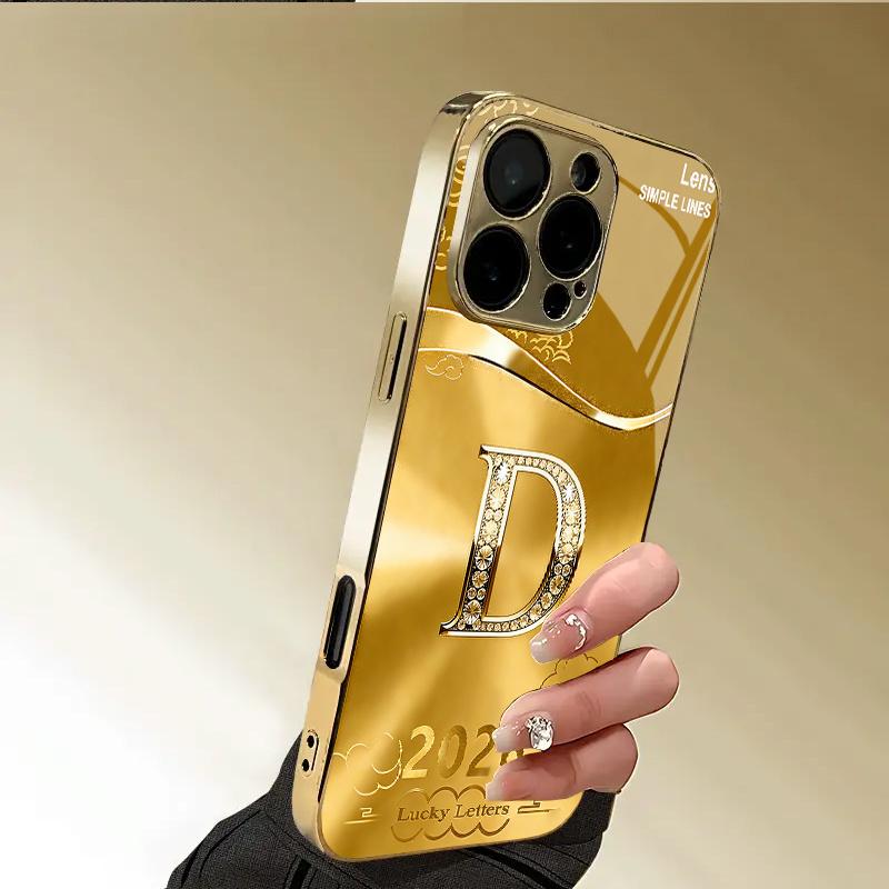New Gold D-letter Electroplated Glass Phone Case Suitable for iPhone 17 16 15 14 13 12 11