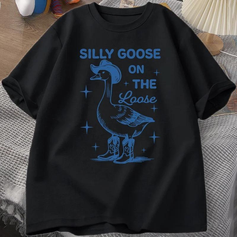 Silly Goose On The Loose T Shirts for Women Funny Cowgirl Western Tee Shirt Fashion Round Neck Graphic Summer Tshirt Clothes