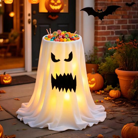 Decoração de Halloween Yousheng com Luz LED de 8 Modos com Controle Remoto, Tigela de Doces Fantasma com Suporte de Tripé, Porta-Doces Fantasma Fofo para a Frente