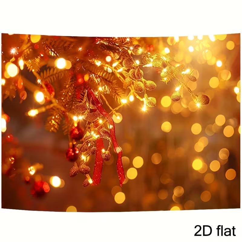 2D Flat Print Christmas Bokeh Backdrop Warm Golden Lights Pine Branch Photography Background