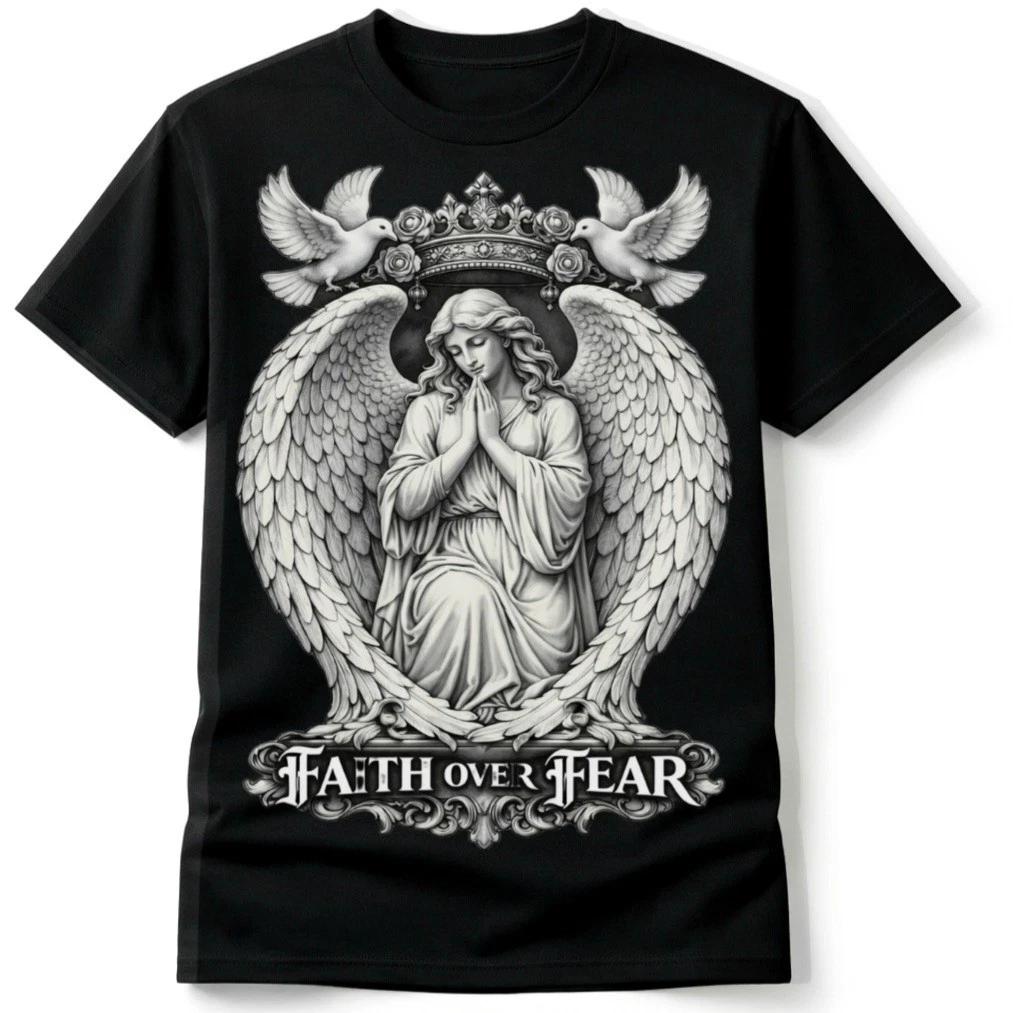 Faith Over Fear Angel Shirt Christian Graphic Tee Religious Streetwear Unisex L