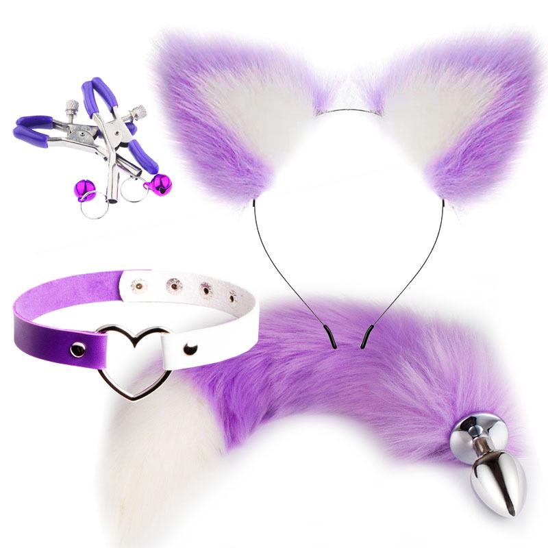 Cute Fox Tail Anal Plug Cat Ears Headbands Set  Nipple Clip Neck Collar Erotic Cosplay Sex Toys For