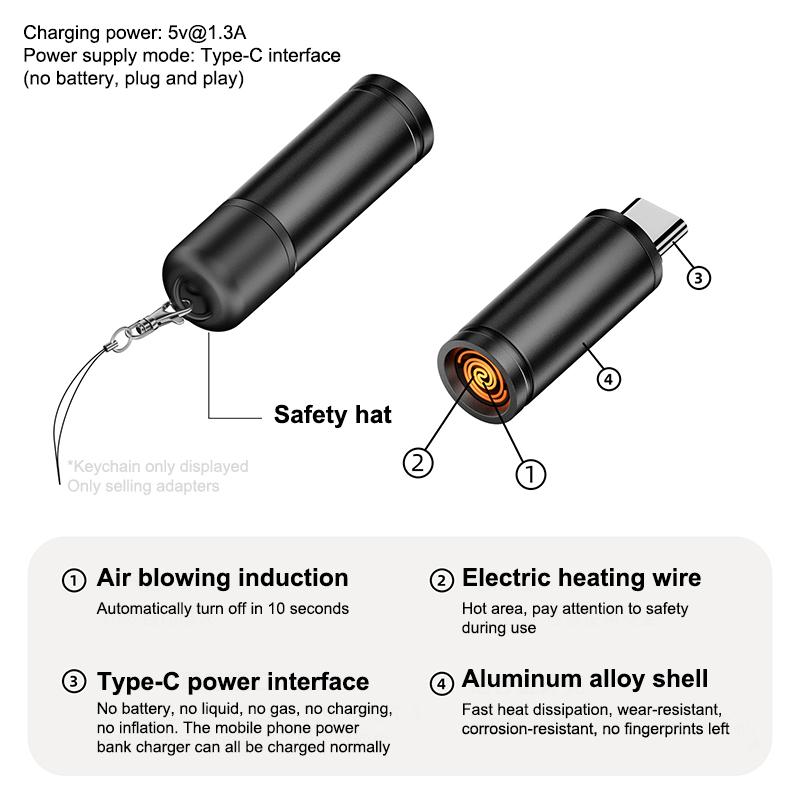 Type C Mini Lighter Blow-To-Ignite Auto Shut-Off For Air Travel Outdoor No Battery No Flame Portable Safety Lighter Adapter