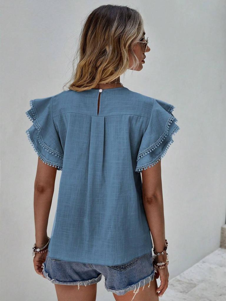 Womens Short Sleeve Casual Solid Street Style Slim Fit T Shirt Top with Ruffle Sleeve Design and Comfortable Fabric