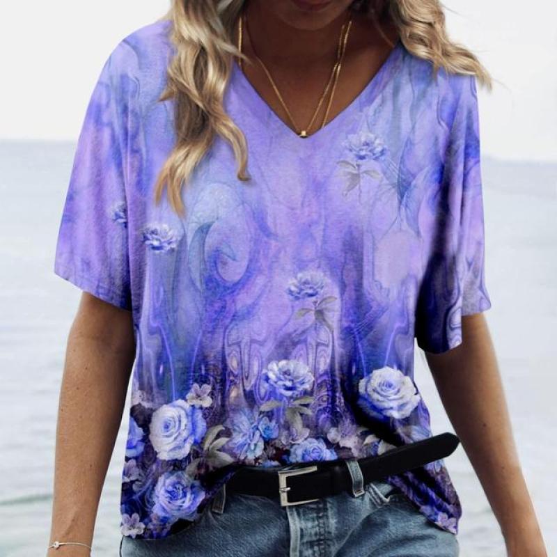 Summer Flower T-Shirts Floral 3D Print Women V-Neck Short Sleeve T Shirt Streetwear Y2K Casual Tees Harajuku Top Female Clothing