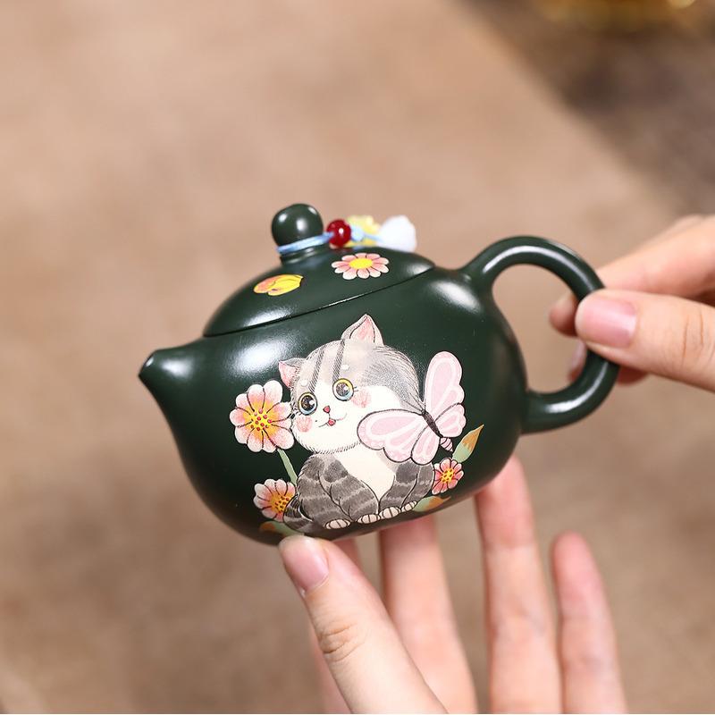 

180ml Boutique Yixing Purple Clay Teapots Famous Artists Handmade Cat Xishi Pot Raw Ore Green Mud Kettle Chinese Zisha Tea Set