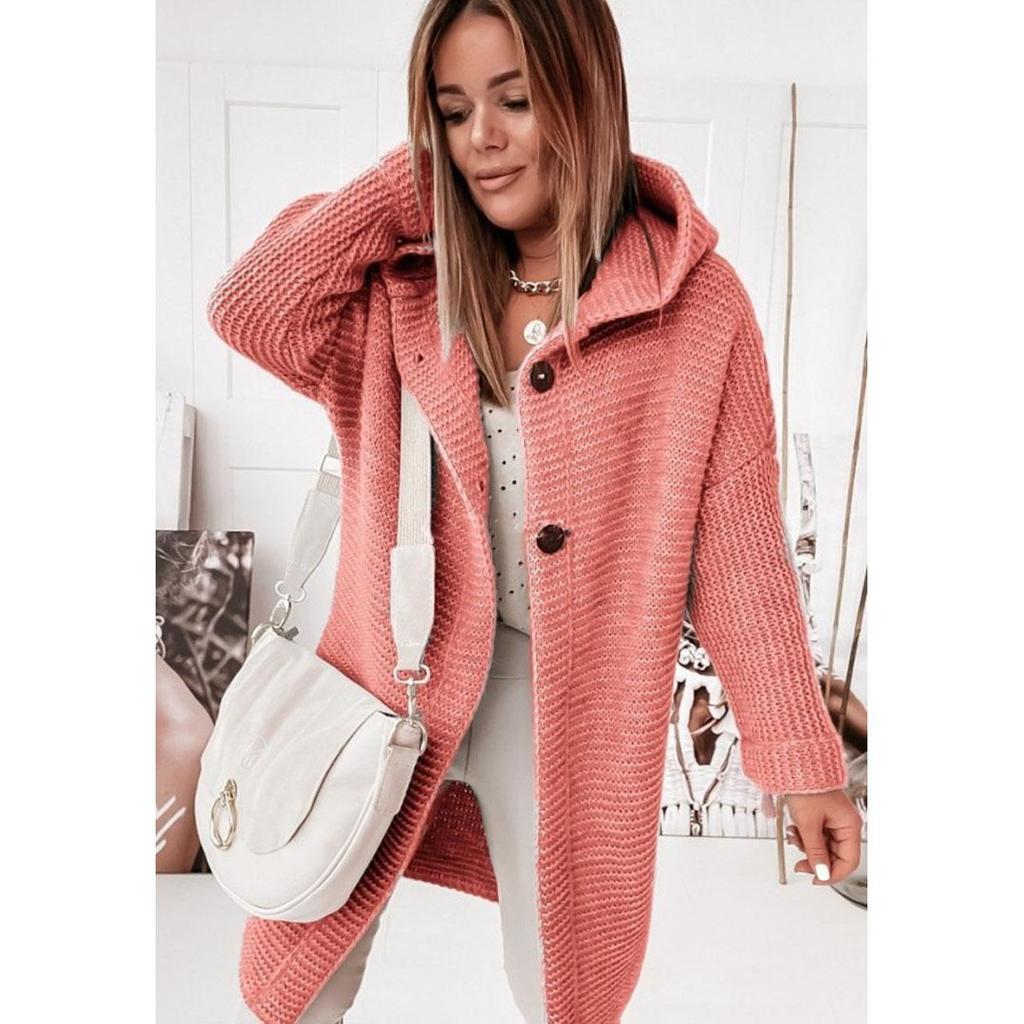 Cardigan for Women Autumn Fashion Button Front Casual Plain Long Sleeve Knit Loose Daily Long Hooded Cardigan Outerwear