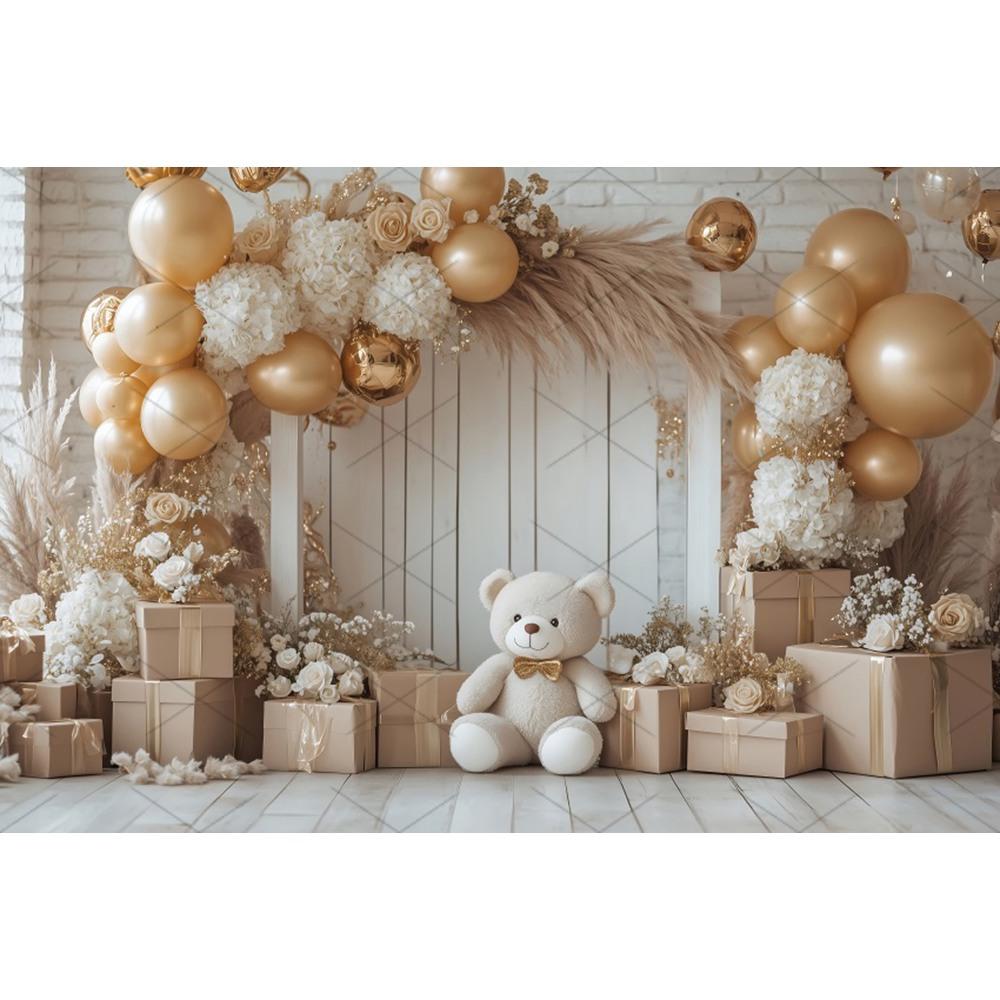 Boho Pampas Teddy Bear Photography Background Balloons Arch Tent Decor Cake Smash Baby 1st Birthday Indoor Photocall Backdrops