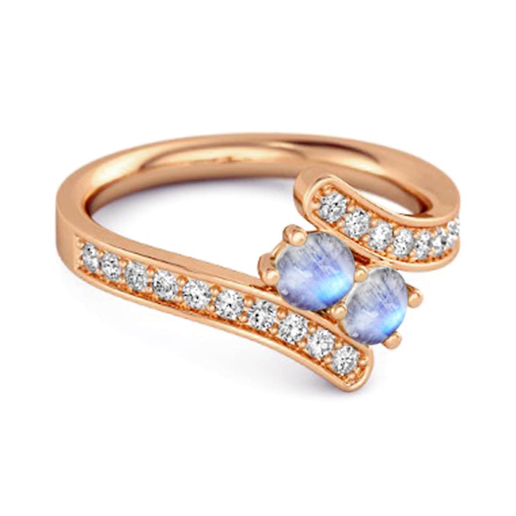 Moonstone Twin Stone Pave Bypass Ring - 925 Sterling Silver Rose Gold Vermeil