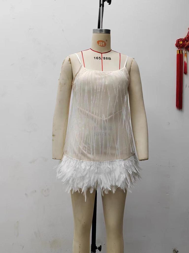 2025 European & American Style Party Dress: Sexy Backless Short Skirt with Layered Tassels, Beaded Mesh & Spaghetti Straps