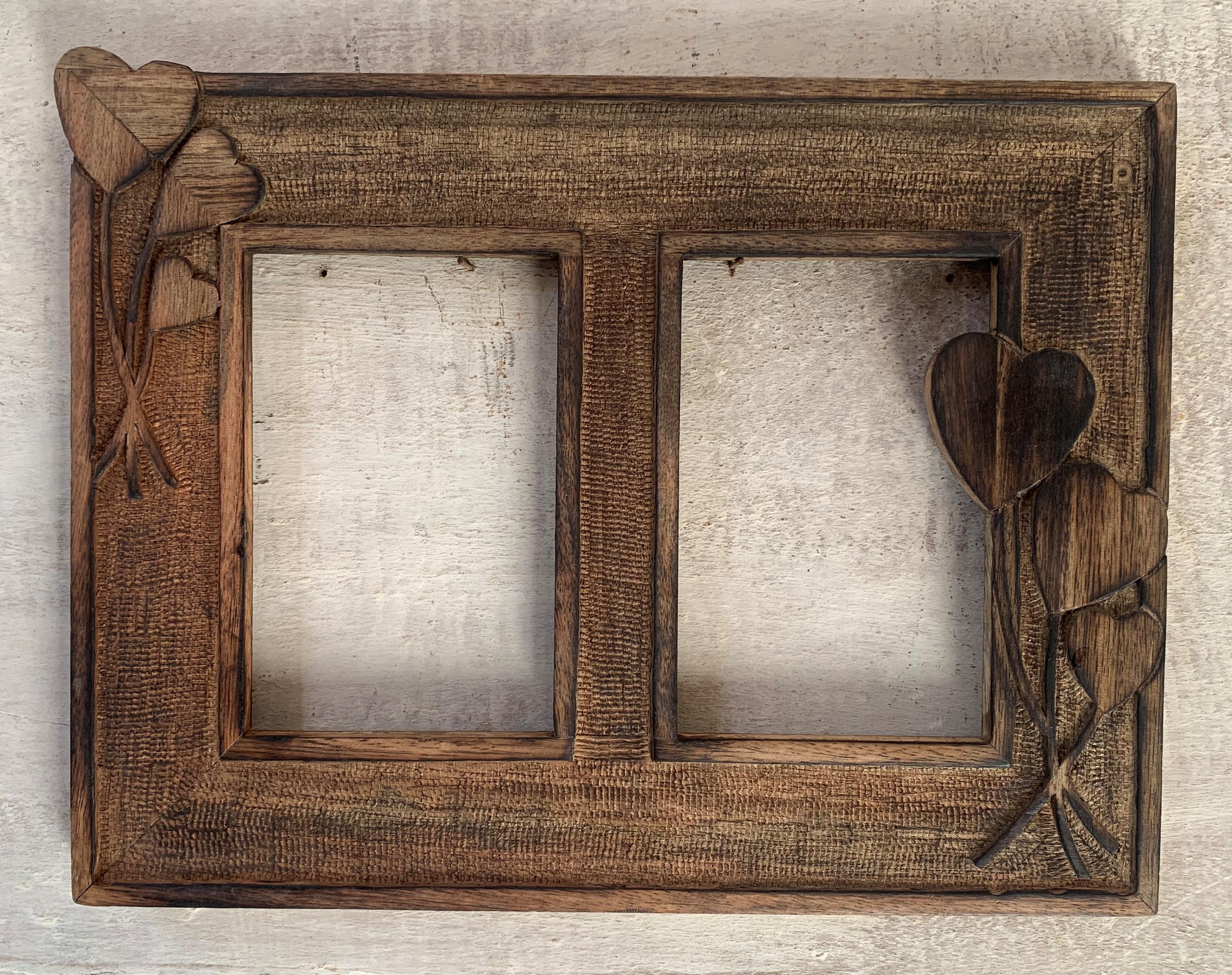 

Rustic Wooden Double Photo Frame Carved Hearts | Romantic Wall Decor 11.5” X 1” X 9.5” (l x w x h) approx.