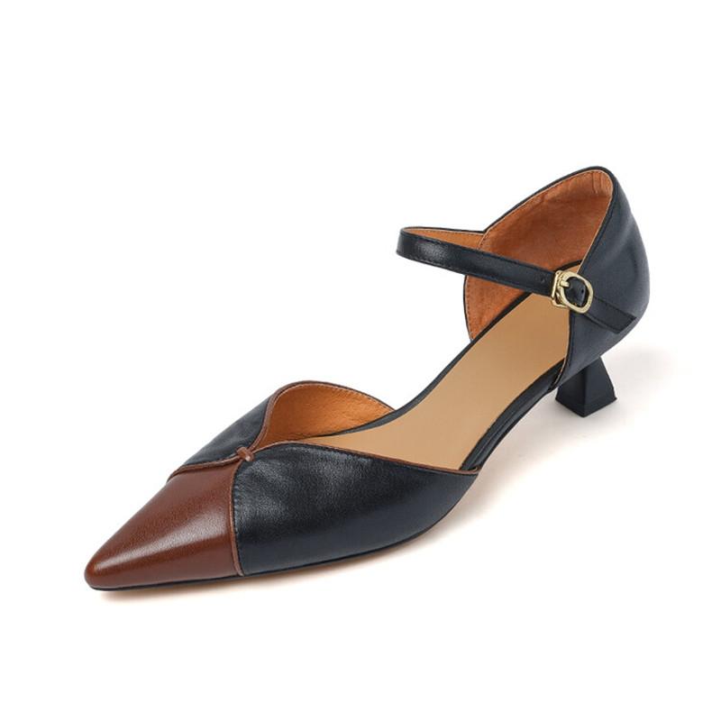 Fashion Genuine Leather Summer Sandals Pointed Toe High Heels Sandals for Women Zapatos Mujer Mixed Color Cover Toe Sandals Ladies Shoes