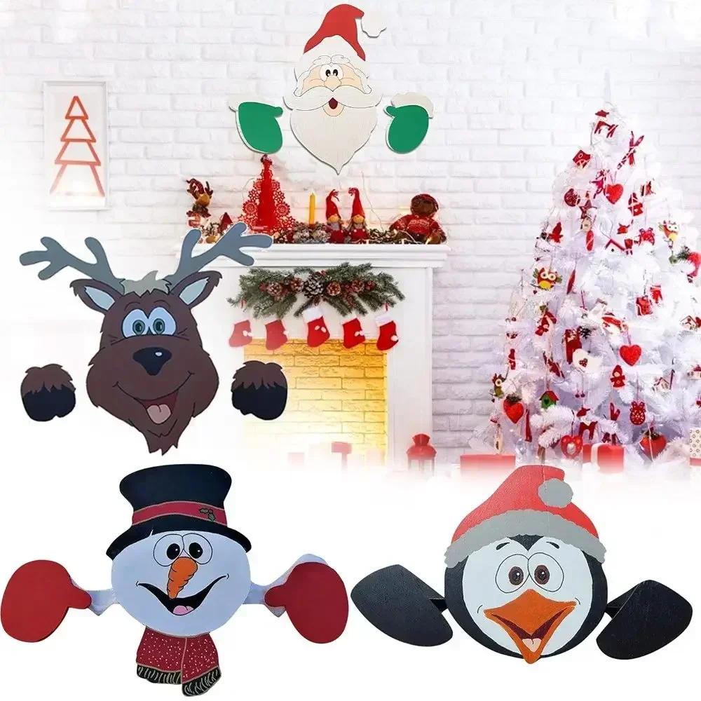 Christmas Fence Ornaments Santa Clause Snowman Reindeer Peeker Yard Ornaments Indoor Outdoor Ground Placard DIY Festival Gift