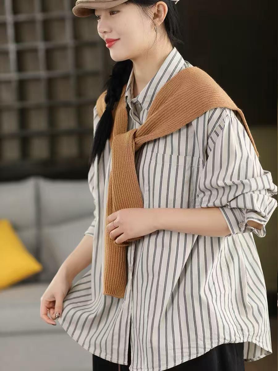 

Женский художественный хлопковый комплект из двух предметов Весна 2026: Рубашка-шаль в вертикальную полоску с длинными рукавами One Size бежевый