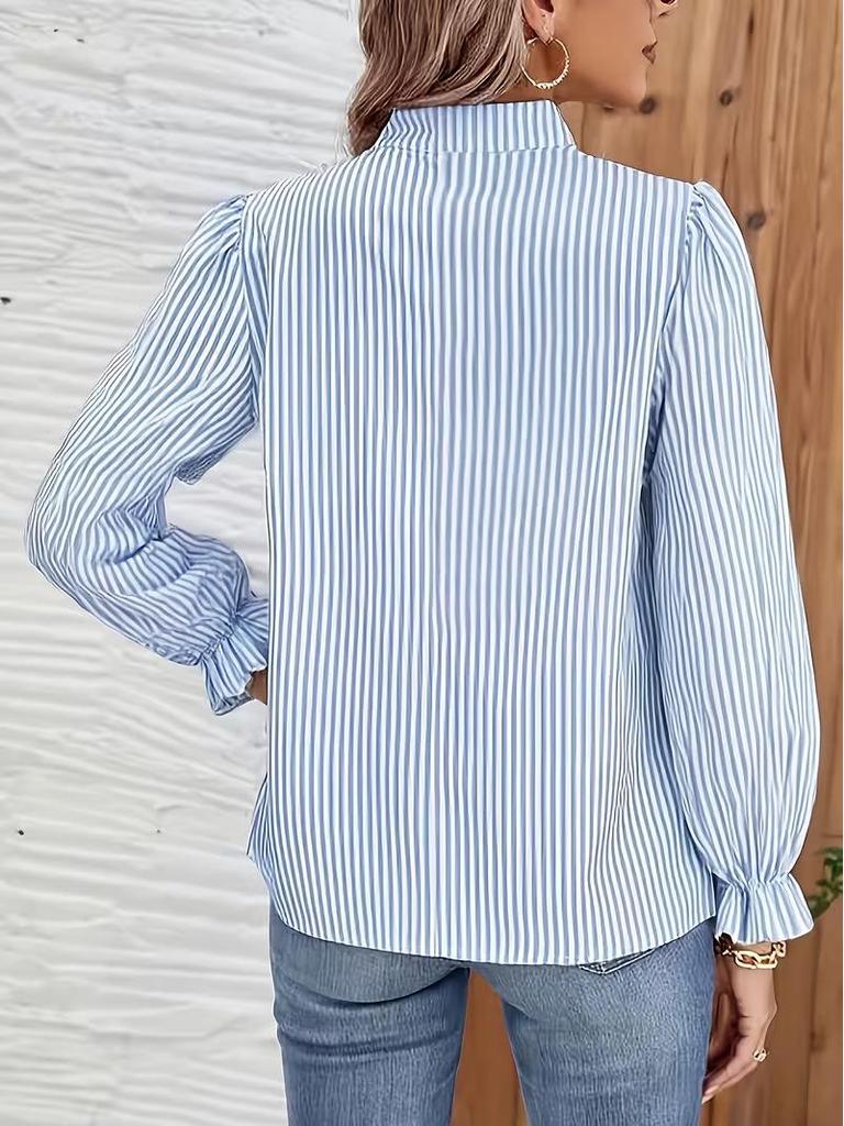 European & American Women's Striped Puff Sleeve Shirt, Autumn 2025 - New Design, Round Neck