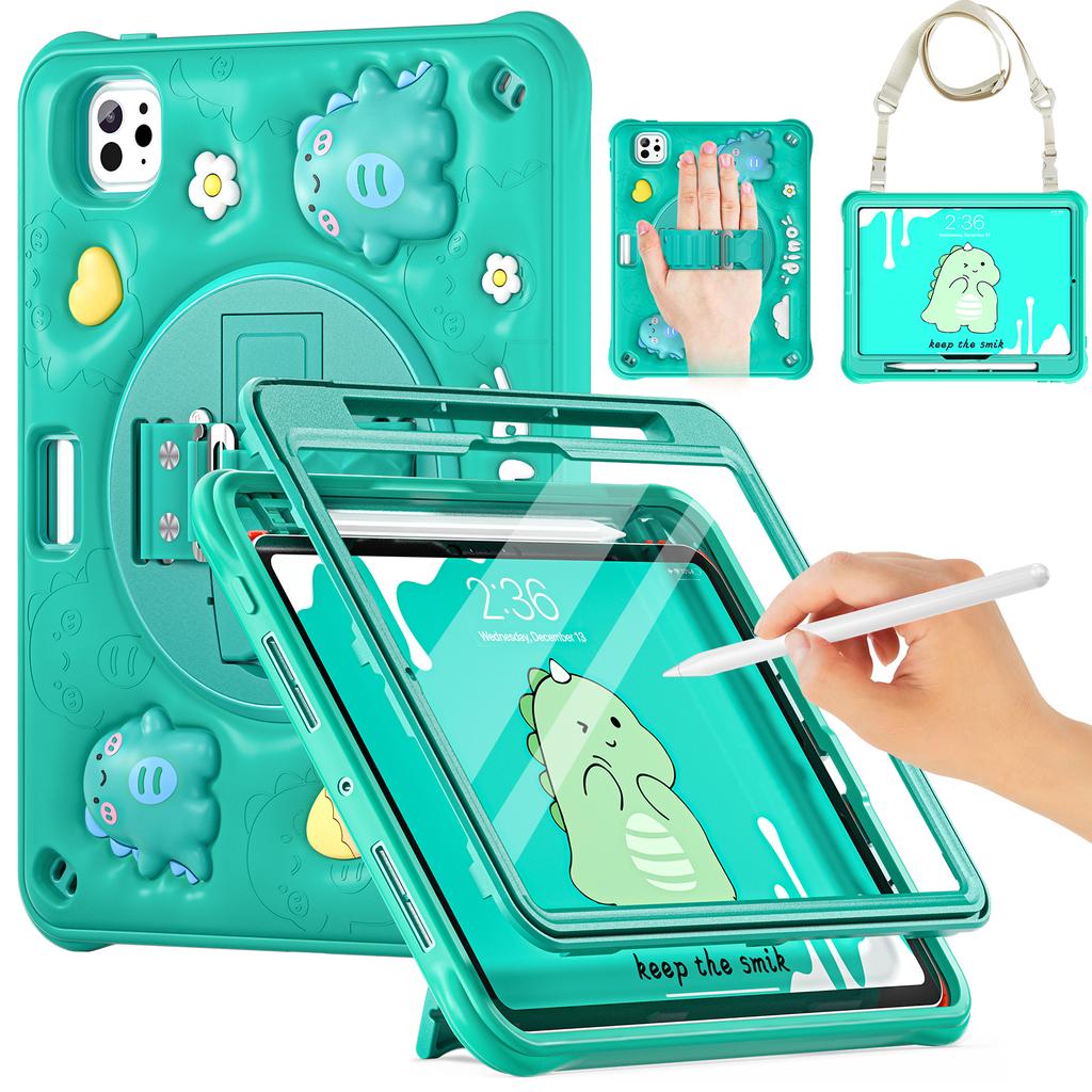 For iPad Pro 11 (2024) Case with Shoulder Strap Cartoon Dinosaur Kickstand PC+Silicone+TPU Cover