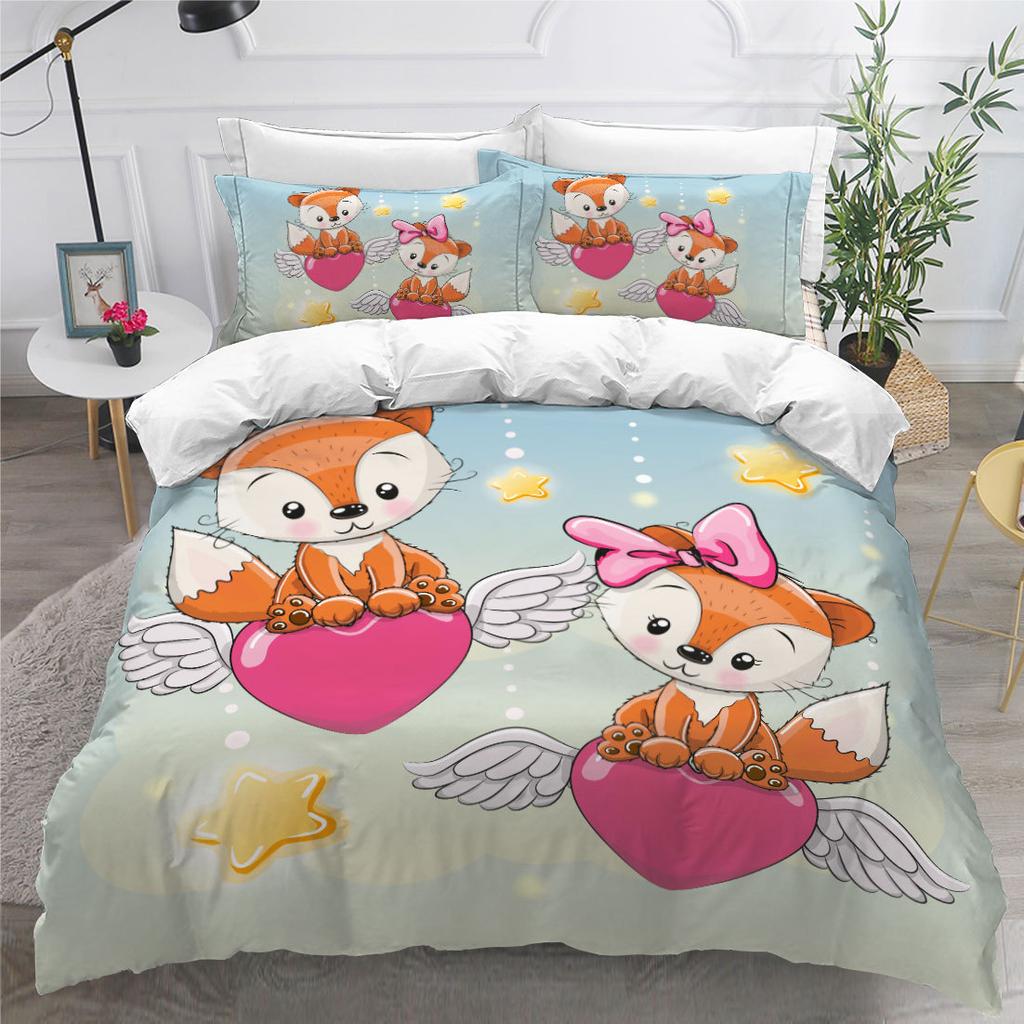 Cute Cartoon 3D Red Fox Digital Printing Three-Piece Set Size Quilt Cover Pillowcase