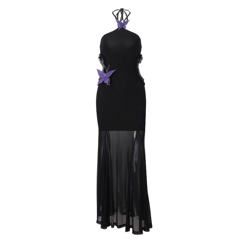 

Outfitgirl3 Halterneck off-Shoulder Mop Dress off-Shoulder Halterneck Butterfly Decoration Silm Holiday Dress Black L